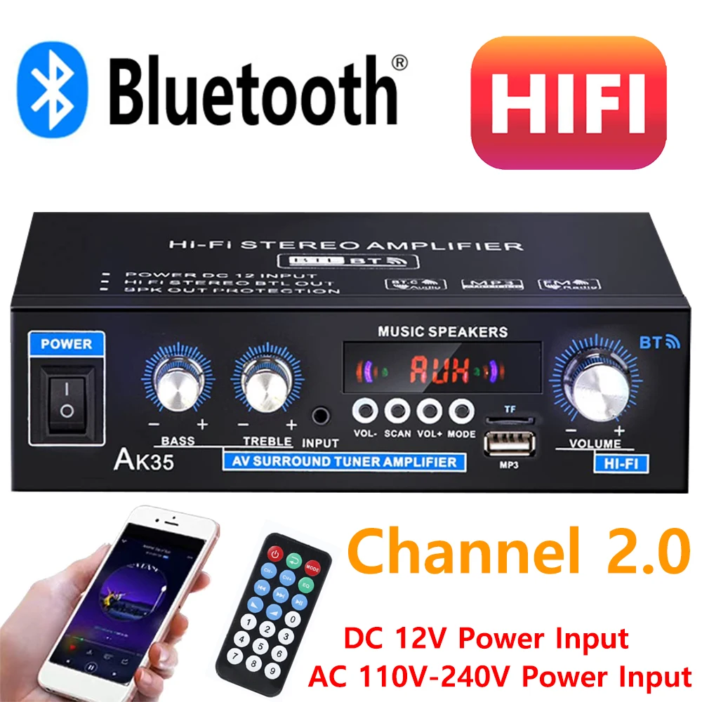 Home Power Amplifier 2.0 Channel Bluetooth 5.0 Surround Sound FM USB Remote Control Mini HIFI Digital Amplifiers 110V/220V  AK35 vanguard c50 bluetooth 5 0 infineon ma12070 hifi player card digital power amplifier 80w 2 u disk tf mini sound stereo amp