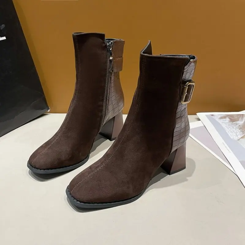 

NEW Fall Shoes Women Sheep Suede Short Boots Square Toe Chunky Heel Boots for Women Winter Mature Women Boots Solid Modern Boots