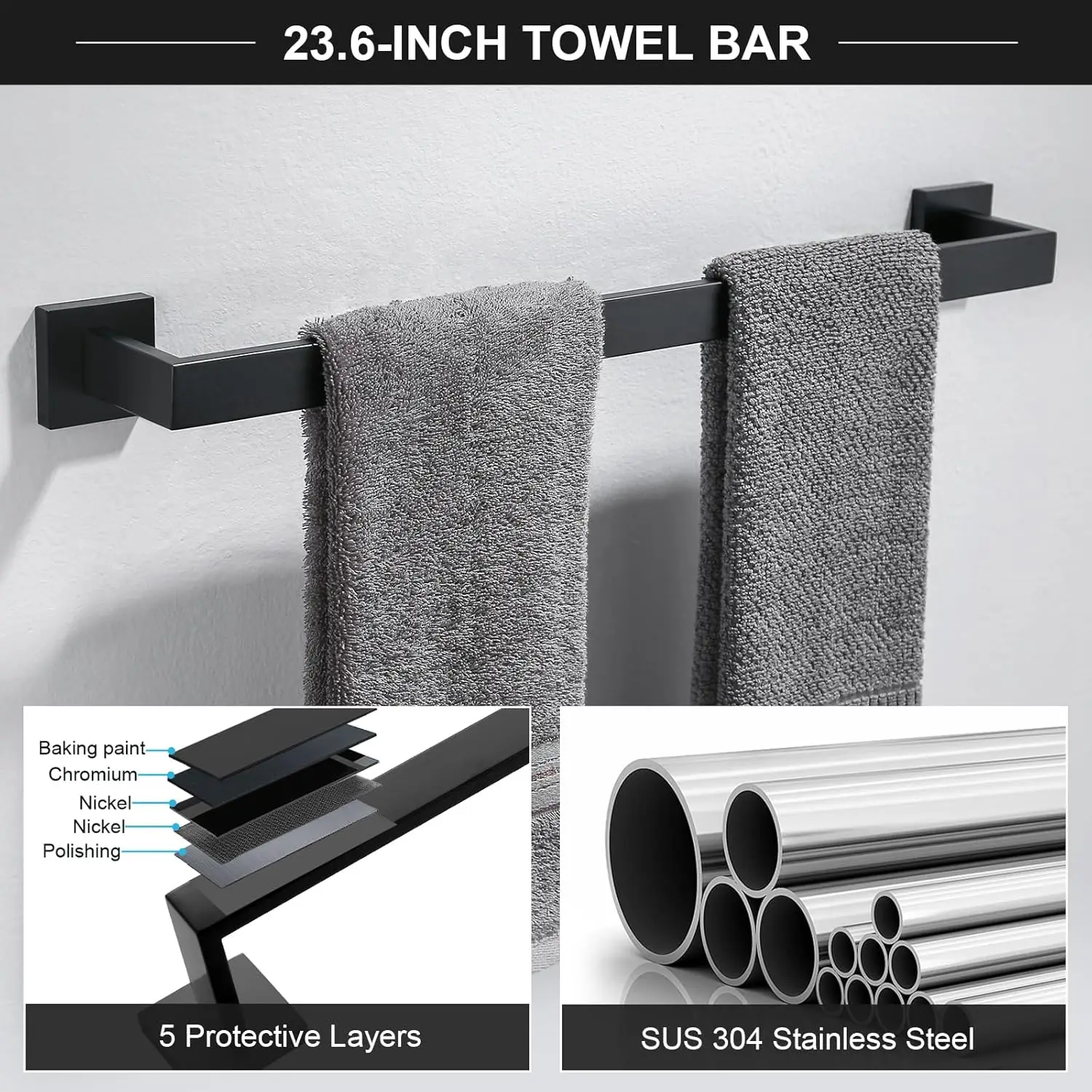 6-Piece Bathroom Set: Matte Black 23.6" Towel Bar, Towel Ring, Coat Hook, Toilet Paper Holder. Stainless Steel. Wall-Mounted.