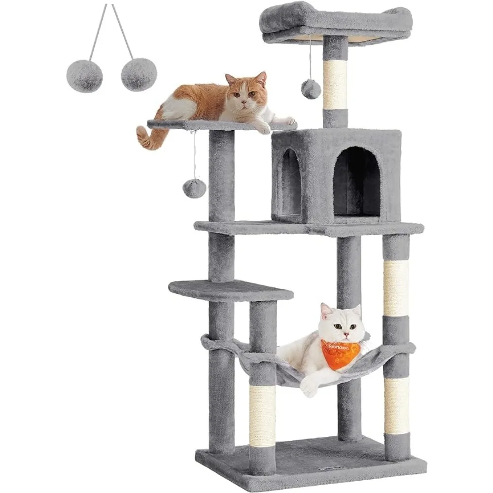 

Tree for Cats 2 Perches Hammock 56.3-Inch Cat Tower for Indoor Cats Multi-Level Cat Condo With 4 Scratching Posts Cave Trees Pet