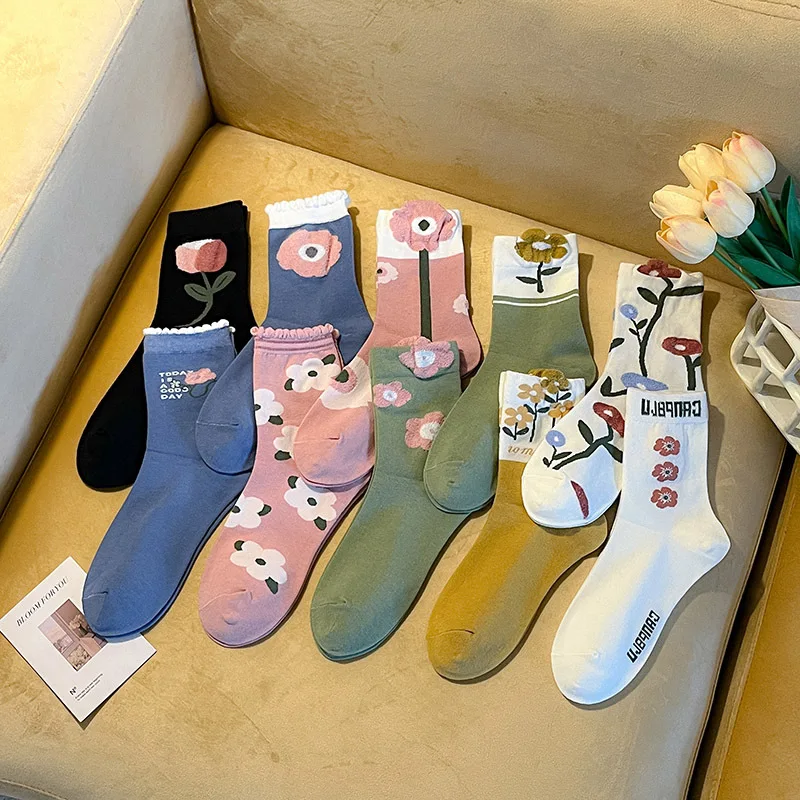 

Women Socks Cartoon Flower Plant Kawaii Funny Casual Female Cotton Sock Hosiery Streetwear Harajuku Crew Sock Mid-tube Wholesale
