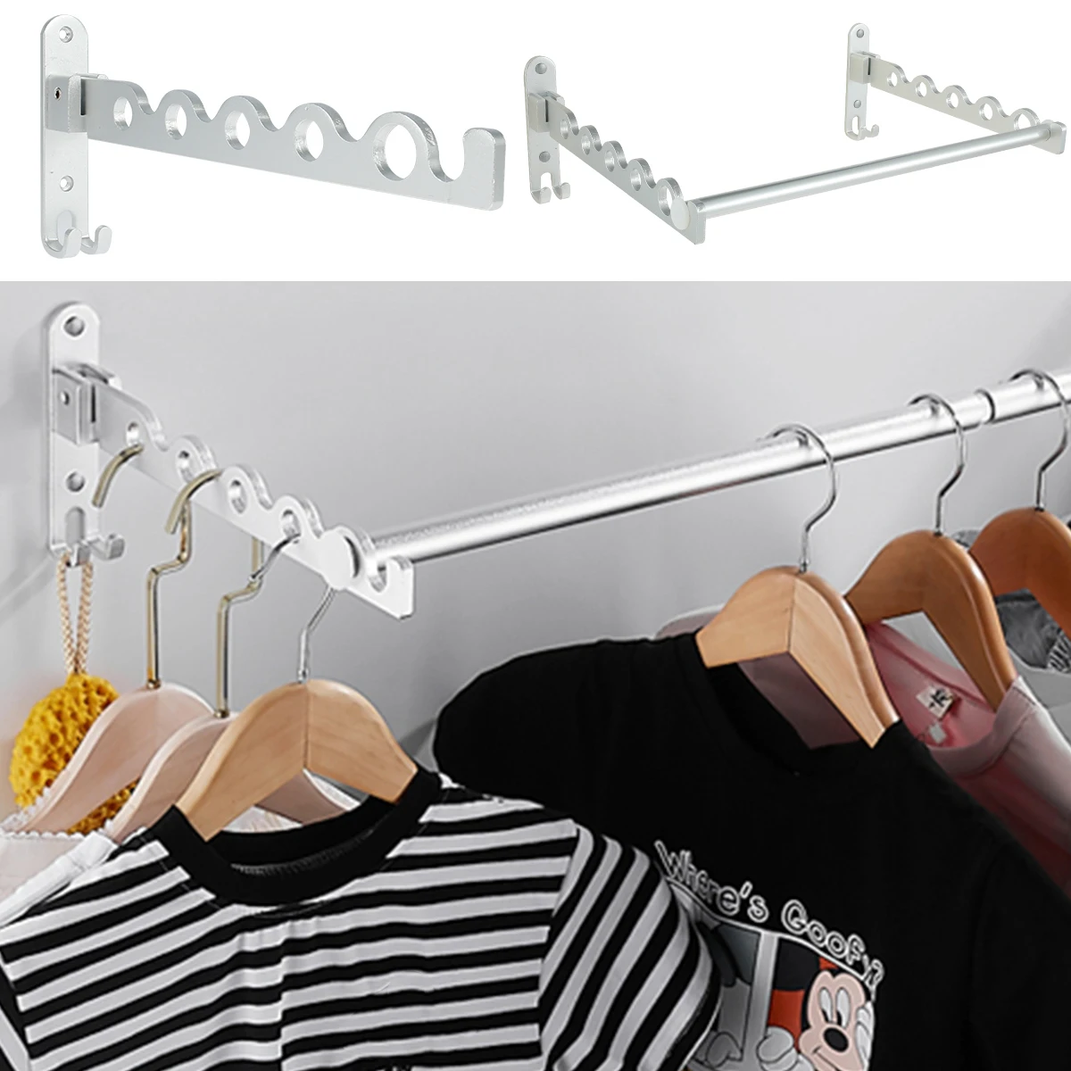 Clothes Hanger Wall Shelf Stainless Steel Silver Wall Clothes Rack Space Saving Mounted Hanger Organizer for Home