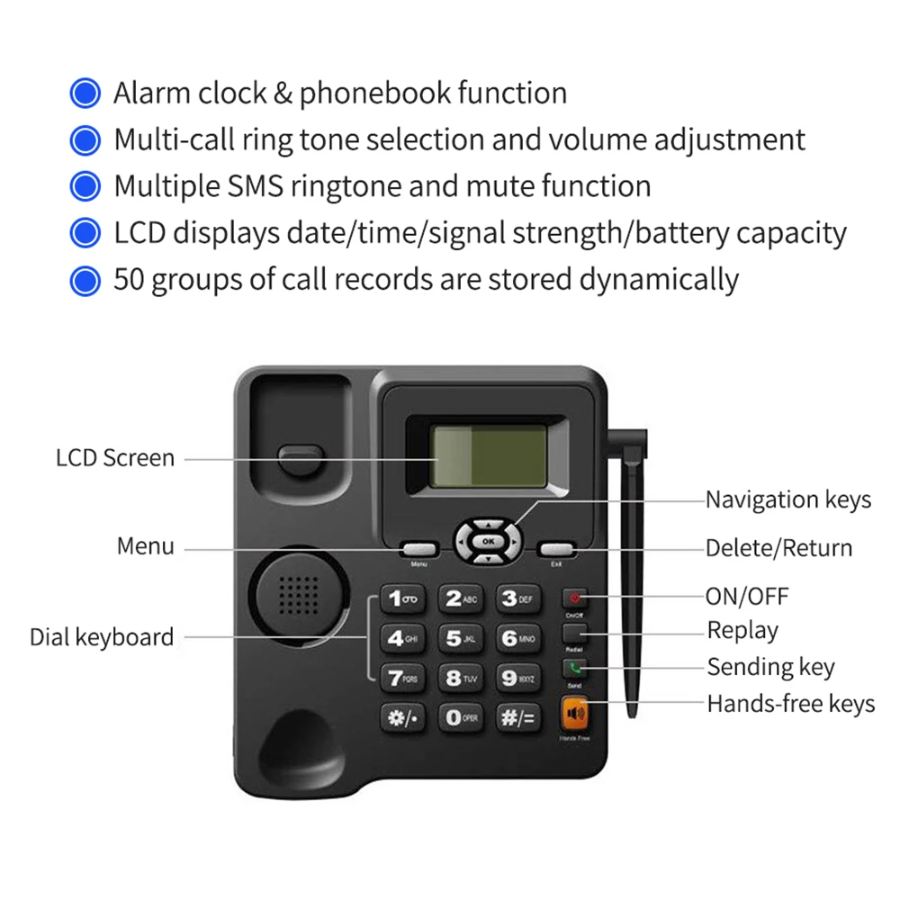 Wireless Desktop Telefone Suporte, Rádio Antena Fixa, Despertador, Dual SIM Card, GSM, 850 MHz, 900MHz, 1800 MHz, 1900MHz, 2G