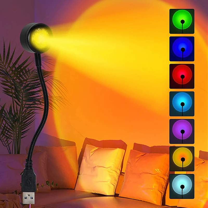 7 Colors Sunset Lamp USB Powered Rainbow Projector Lamp Bedroom Atmosphere Night Light 14 Modes Photography Background Lights potato night light
