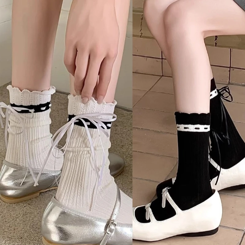 

Women Japanese JK Ribbon Tie Bowknot Middle Tube Ruffle Calf Socks DropShip