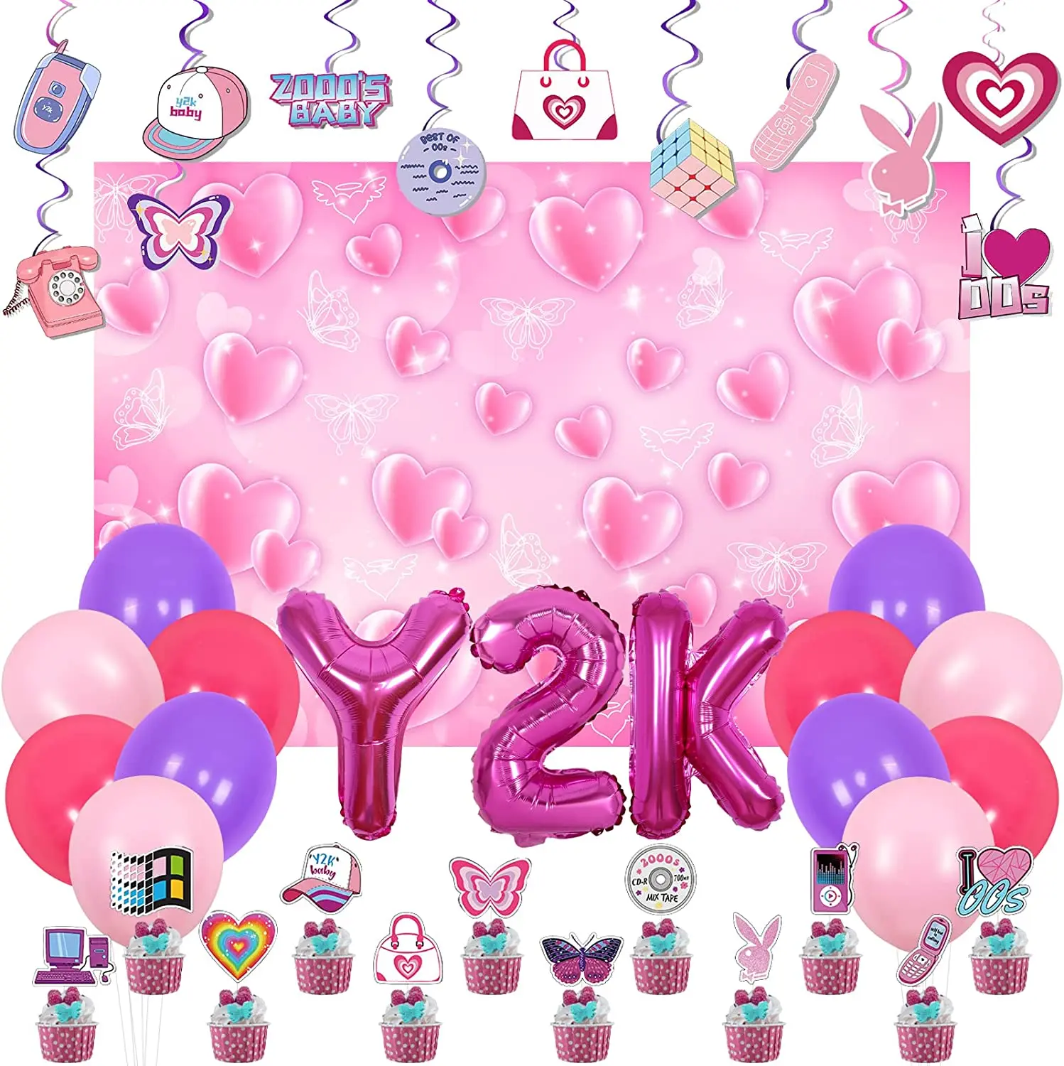 FANGLELAND-Y2k 생일 파티 장식 핑크 하트 배경, 2000s 로고 행잉 소용돌이 Y2k 호일 풍선 00s 파티 장식