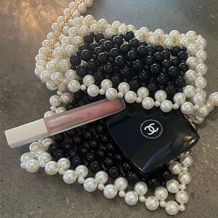 New small Pearl Beaded Bag White Beaded Fairy Portable Messenger Bags with Chain Female Purses and Handbags Cross Body Bag Woman