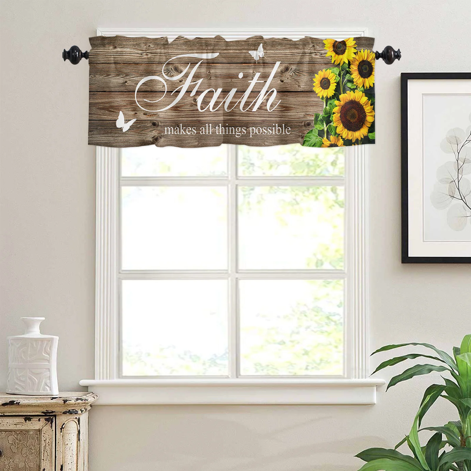 Valances for Kitchen Living Room Small Window Valance Faith Makes All Things Possible Sunflower on a Wooden Board 1 Panel 3