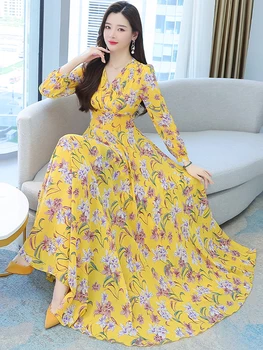Yellow Floral Dresses For Women Korean Party Casual Beach Chiffon Formal Maxi Elegant Spring Summer Long Sleeve Evening Dress