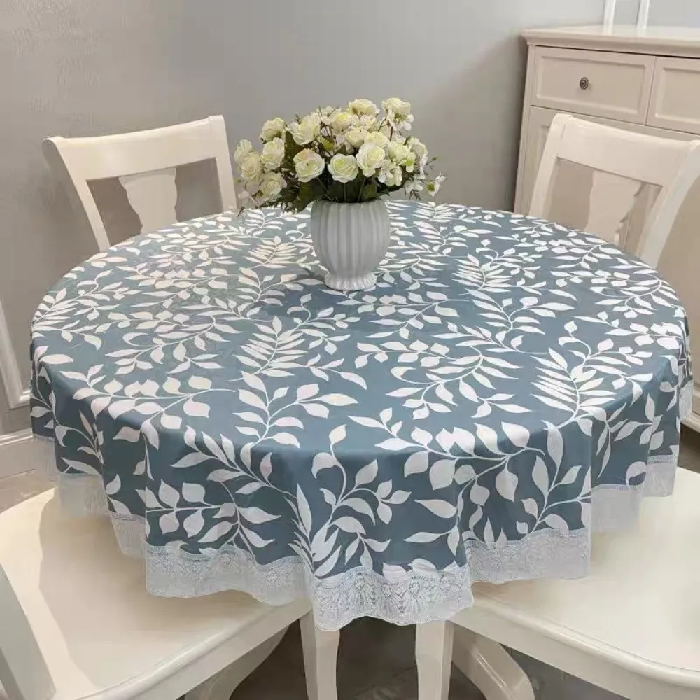 Pastoral Style PVC Tablecloth Printed Design Lace Hem Waterproof Tablecloth Flower Pattern Oil Resistant Round Table Cover