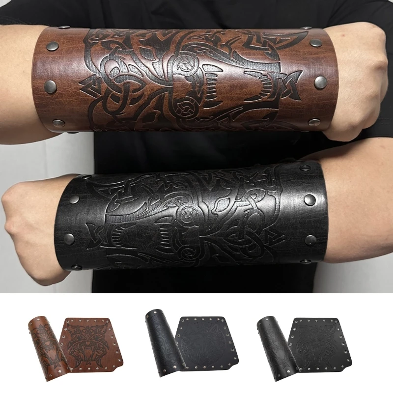 

Punk Medieval Men Cosplay Bracer Knight Arm Wristband with Embossed Wolf Head 28TF