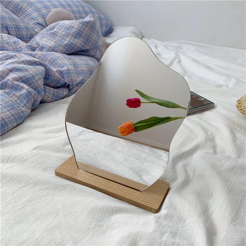 Acrylic Wooden Base Decorative Mirror Irregular Simple INS Style Makeup Mirror Bedroom Countertop Mirror Cosmetic Beauty 4