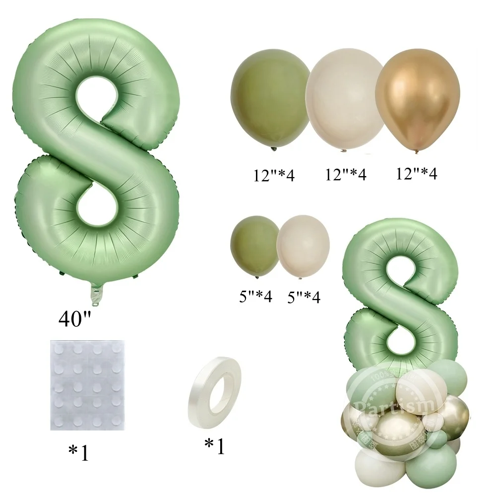 Set Decorazione Per 85° Compleanno Verde Salvia E Oro - Palloncini, Striscione, Nastro - 30 Pezzi Per Festa