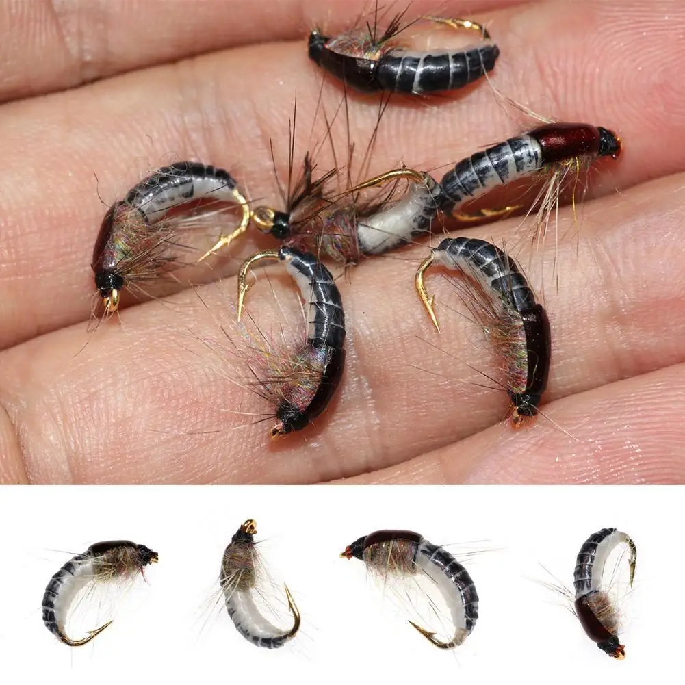 For Bimoo 6PCS #12 Realistic Nymph Scud Fly for Trout Fishing Nymph Artificial Insect Bait Lure Caddis Nymph Fishing Fly New