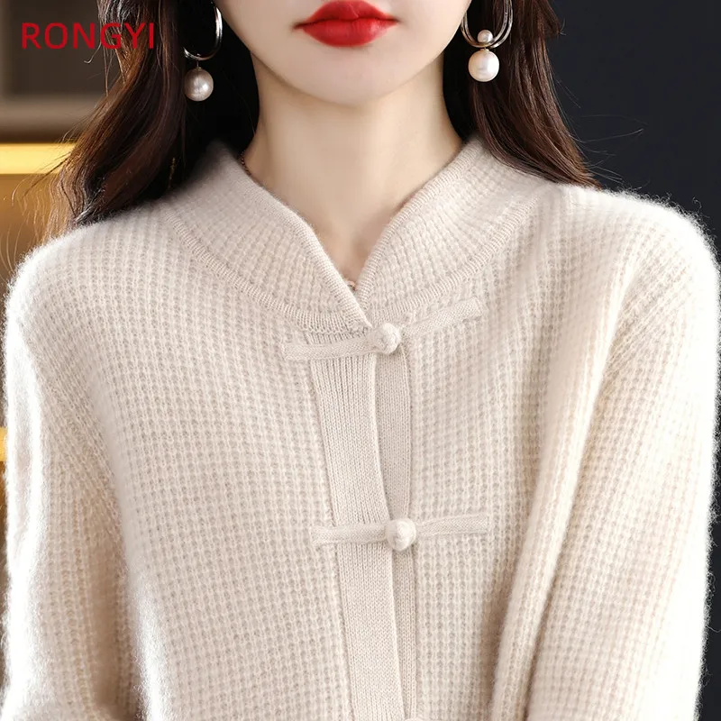 RONGYI-100% 메리노 울 여성 버클 중국 스타일 캐시미어 가디건, 따뜻한 단색 재킷 상의, 가을 겨울