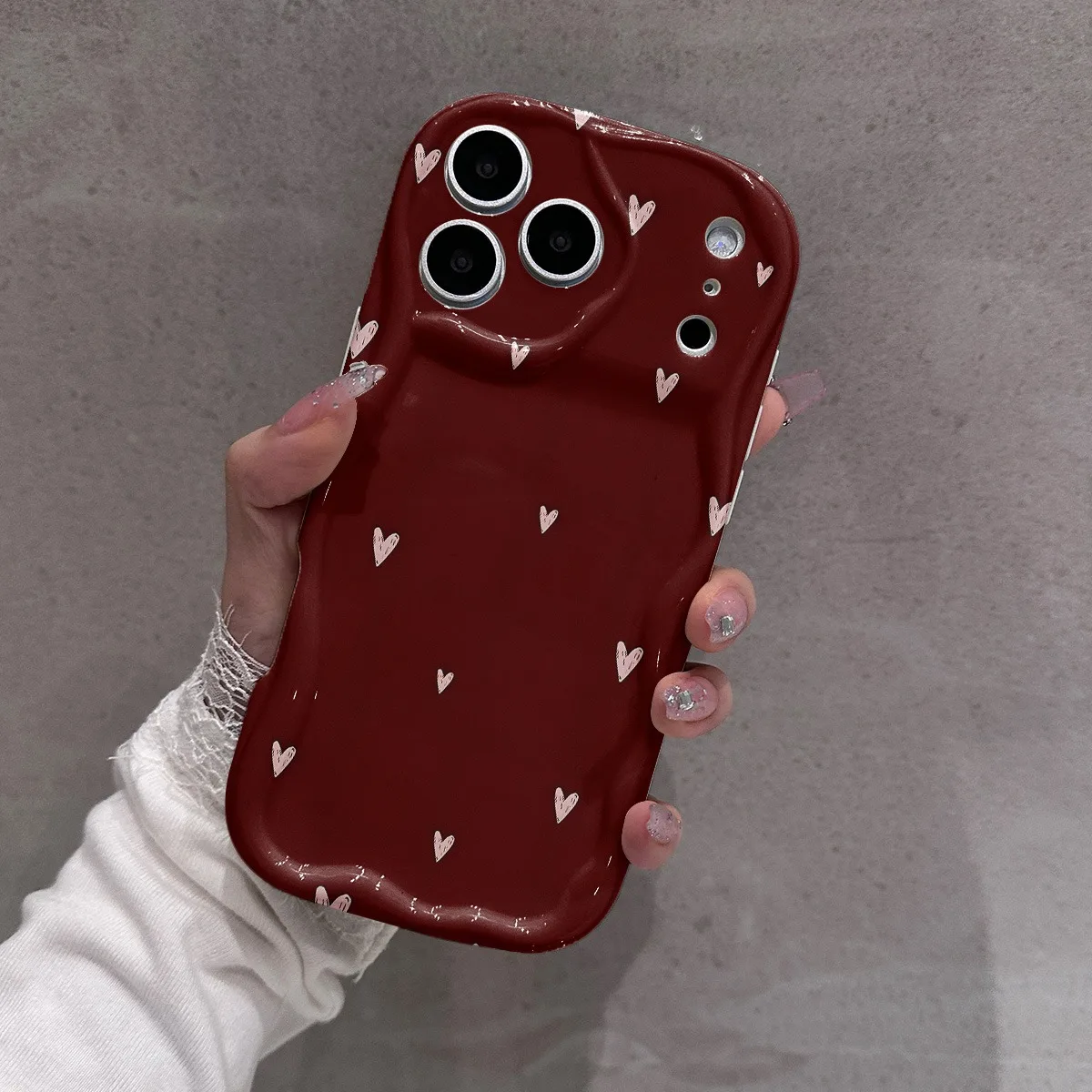 Burgundy Wine Red Heart Pattern 3D Wavy Edge Soft Phone Case Cover