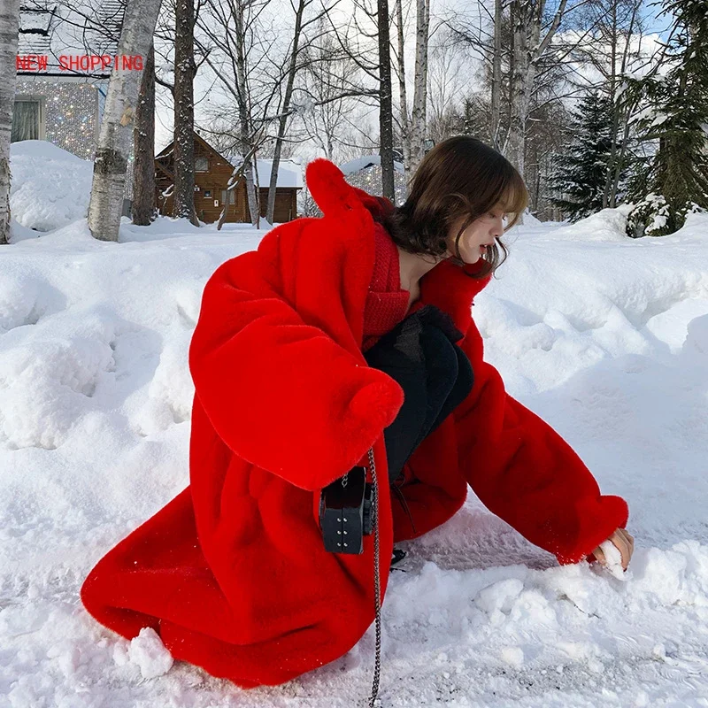 

Winter Warm Plush Teddy Coats Women Luxurious Red Faux Rabbit Fur Coat Mid Long Faux Fur Coats Female Loose Thicken Stand Collar