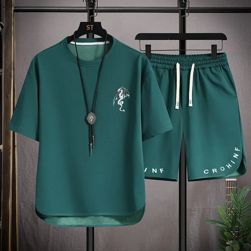 

2 Piece Men's Summer Dragon Print Crew Neck Short Sleeve T-shirt and Casual Shorts Set Waffle