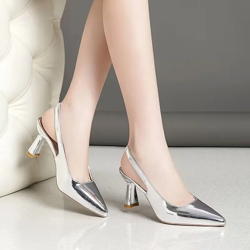 

2023 Women 7cm High Heels Sandals Lady Shiny Leather Stripper Slingback Sandles Low Heels Wedding Bridal Prom Shoes