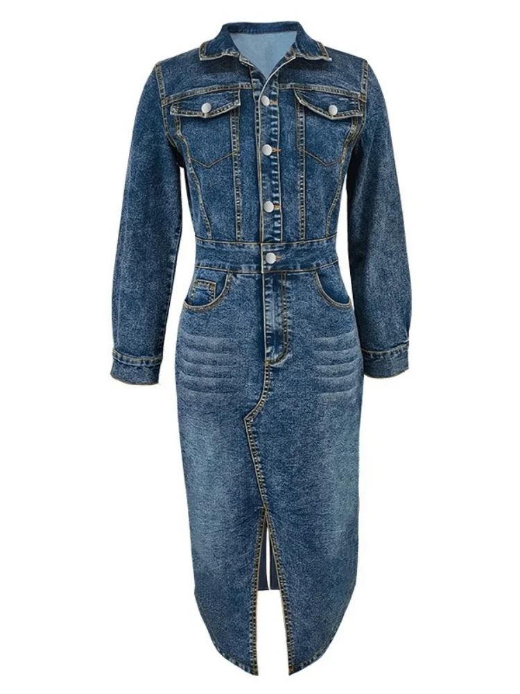 Wmstar Denim Dresses Women Long Sleeve Casual Button Pockets Maxi Dress Fall Clothes Fahion Streetwear Wholesale Dropshipping