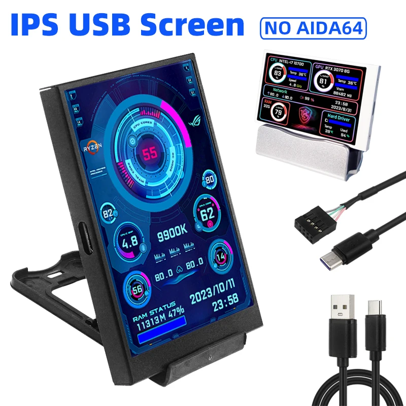 Ips tipo c Tela Secundária Cpu do Computador Gpu Ram Monitor Hdd Display Usb Usb Nenhum Aida64 Lcd para Windows 10 11 35