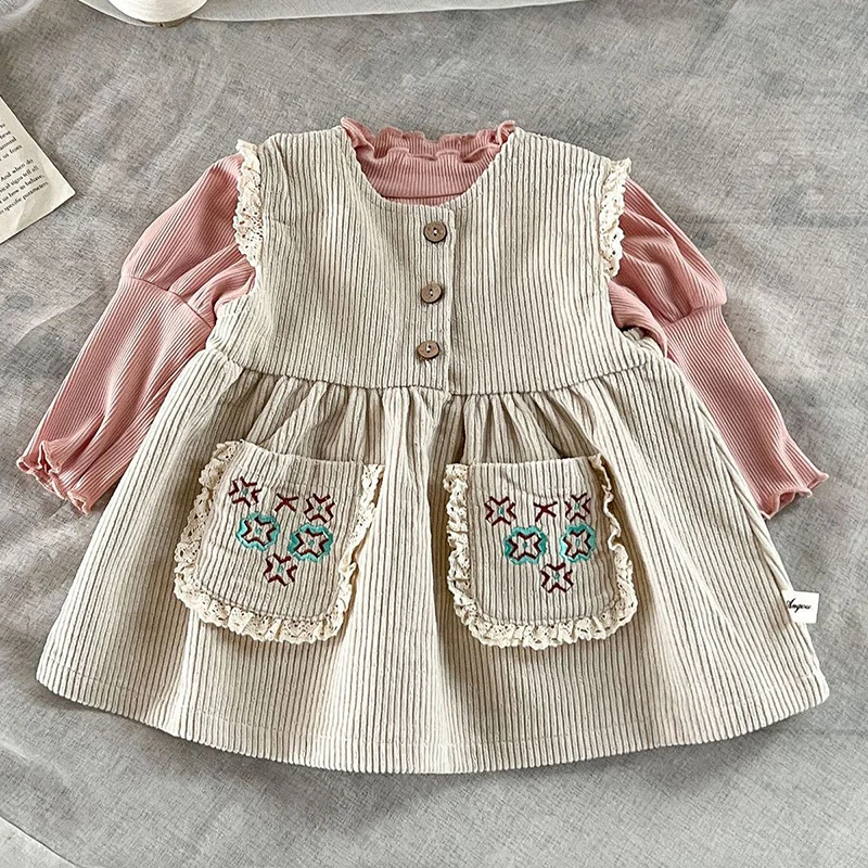 

Lace Embroidery Girls Corduroy Floral Dresses Summer Autumn Baby Girl Vest Dress 1,2,3 Years Kids Princess Birthday Vestidos