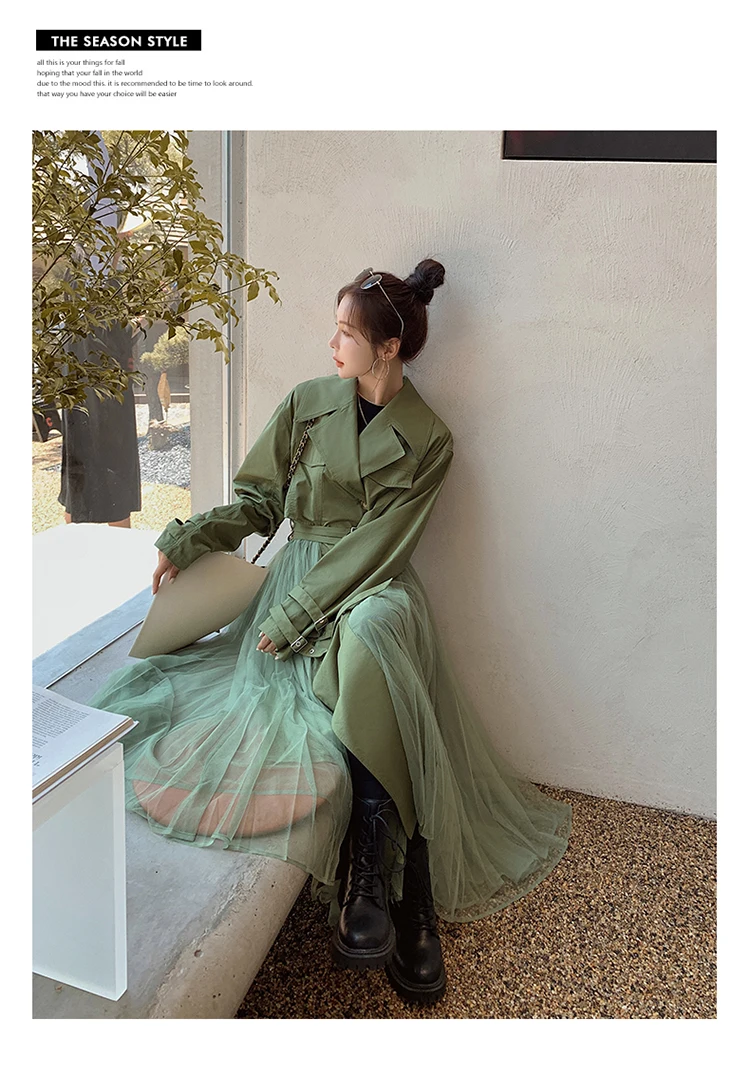 British Style Fashion Splice Khaki Windbreaker Dress Elegant Chic Women Slim Casual Long Trench Coat Jacket  Spring Autumn 8185 down parka