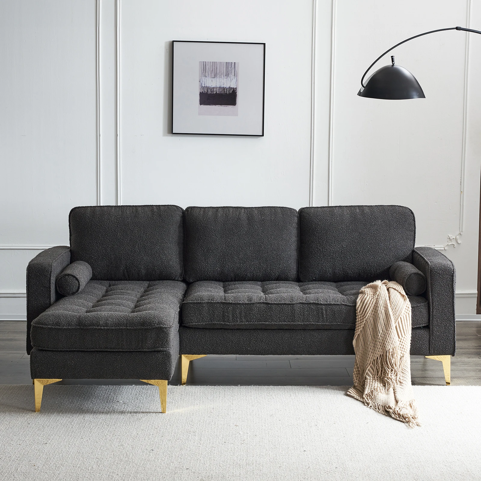 

218*141*87cm Boucle Yarn, Diamond-Shaped Gold-Plated Three-Pronged Legs, Three-Seater With Footstool, Indoor Modular Sofa, Dark