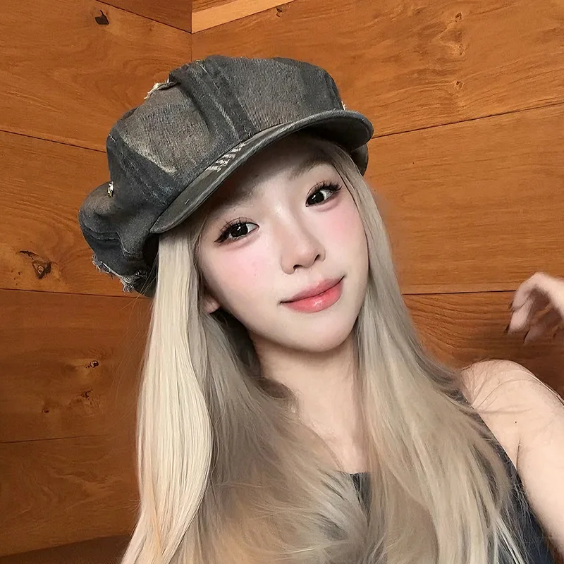 Women's Vintage Newsboy Cap Gradient Color Cotton Flat Cap with Curved Brim Trendy 8-Panel Design Adjustable 56-58cm
