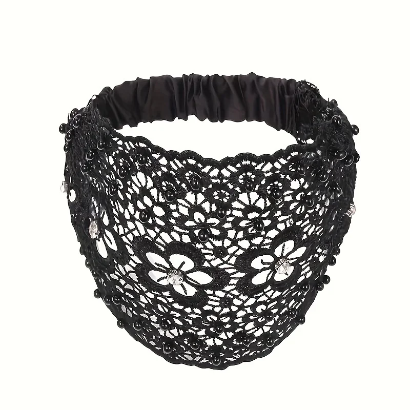 1pc, 4 Styles, Elegant Hollow Lace Flower Pattern Headband, With Faux Pearl Charms Stretch Headband, Wide Brim Rhinestone