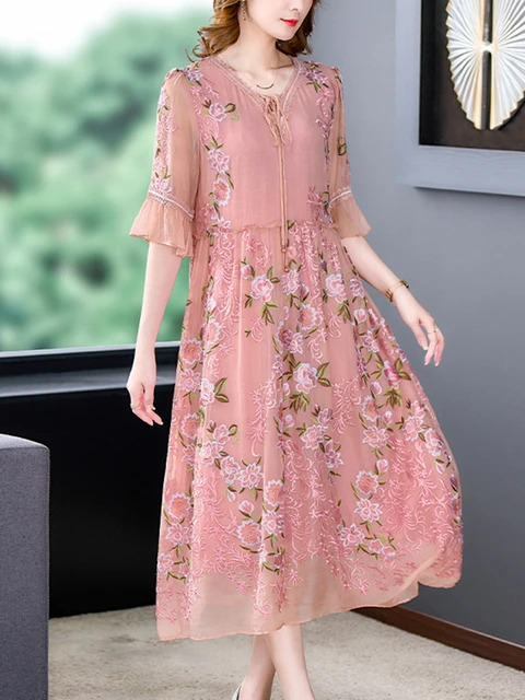 Summer Pink Embroidery Floral Mulberry Silk Midi Dress Women