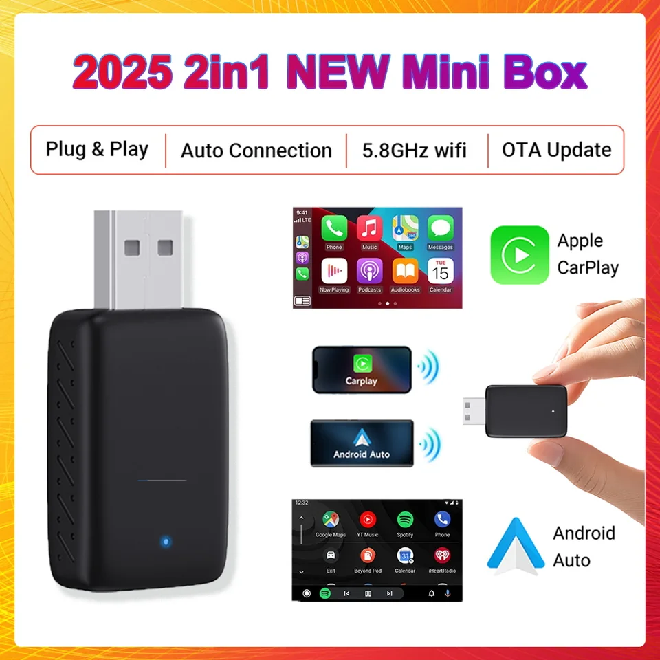 Adaptateur CarPlay & Android Auto Sans Fil 2-en-1 2025 – Connexion Instantanée, Plug & Play USB/Type-C Pour IPhone Et Android