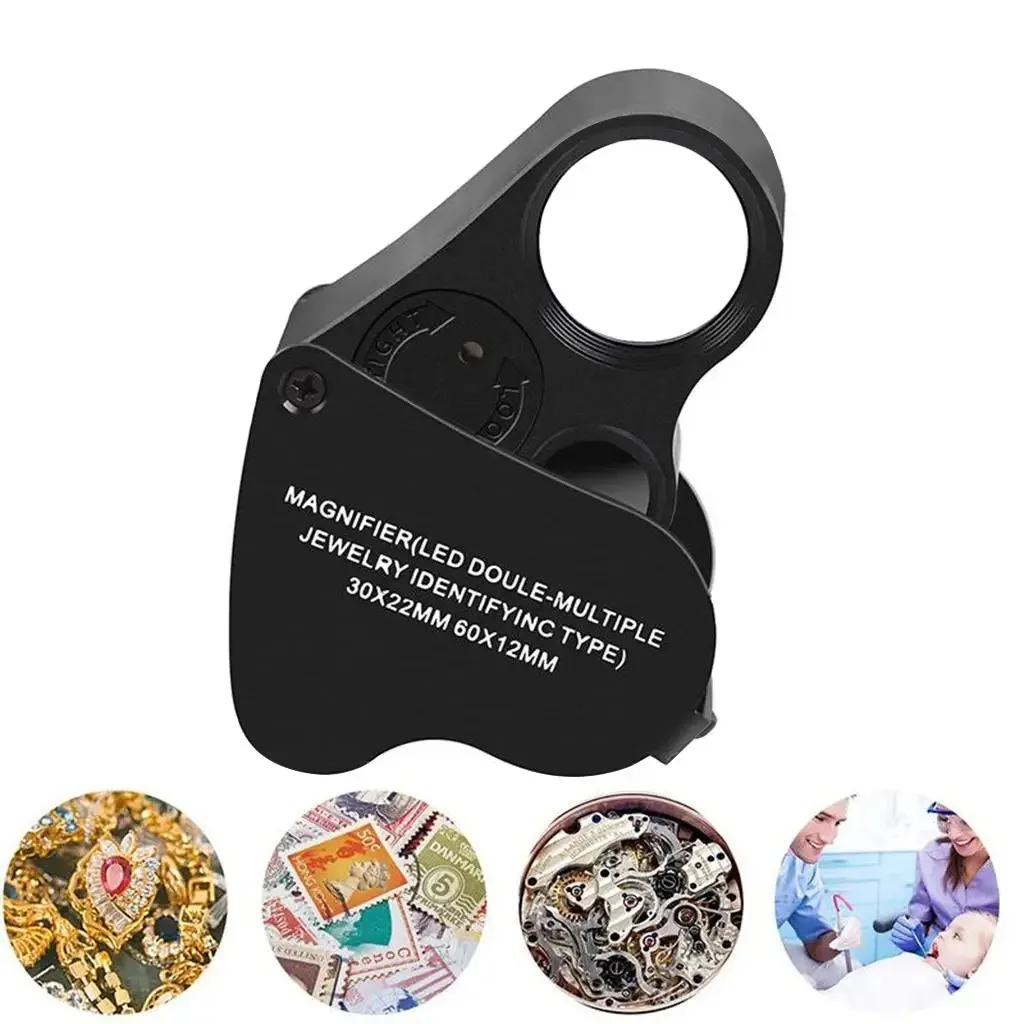 Jewelers Loupe Magnifier 30X 60X Illuminated Foldable With Bright LED Light For Gems Jewelry Coins Stamps