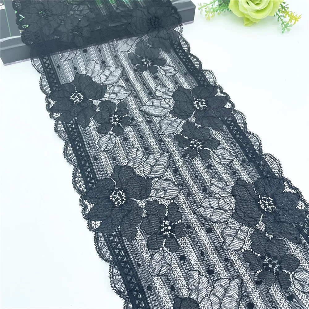 3y/lot 19.50cm Black Floral Elastic Stretch Lace Trim 1