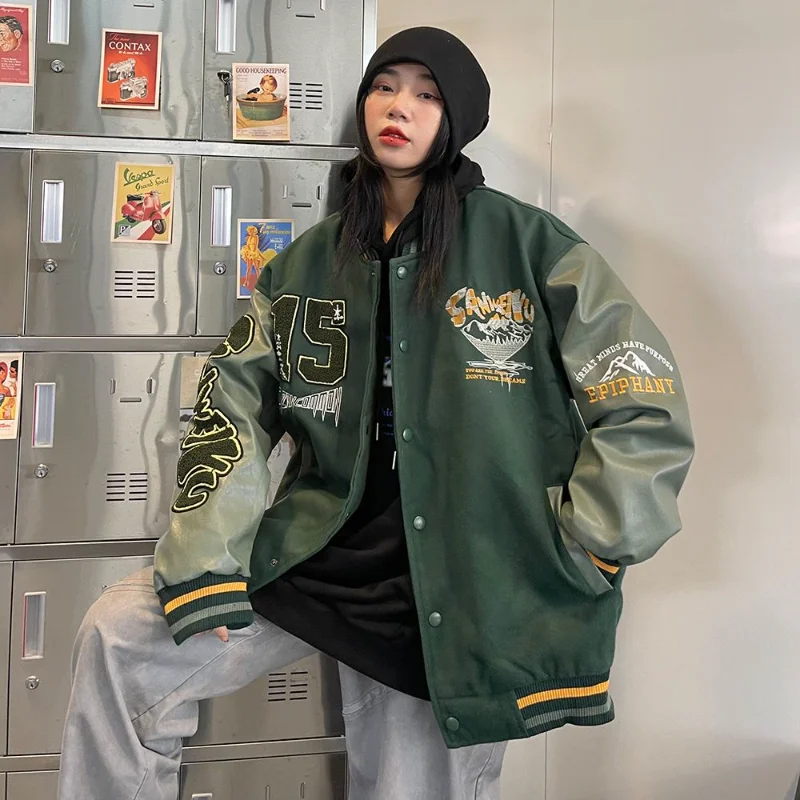 

Letter Embroidery Coat Women Jacket High Street Vintage Stitched Flocking Baseball Jacket Women Baggy Jackets for Women Clothes