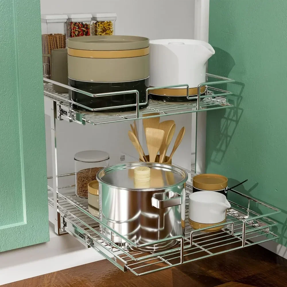2 Tier Individual Pull Out Cabinet Organizer 14" W x 21" D, Slide Kitchen Storage Sliding Shelves easy install