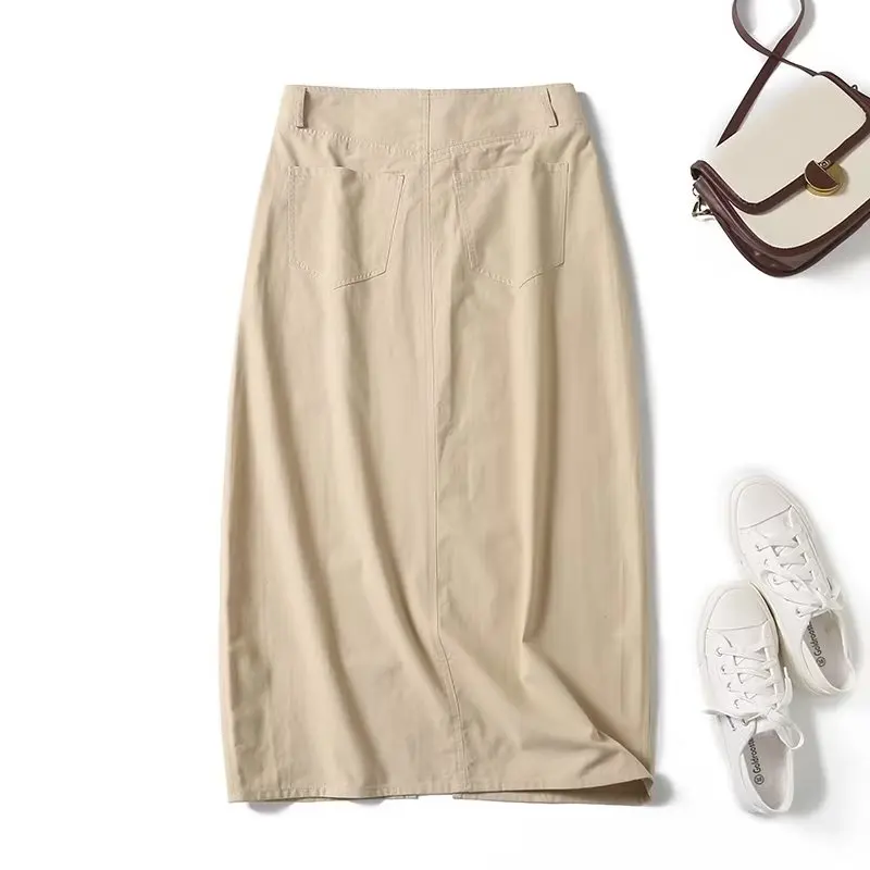 Dave&Di Autumn British Fashion Ladies Midi Skirt Retro Single Breasted Casual Khaki High Waist Straight Skirt Women