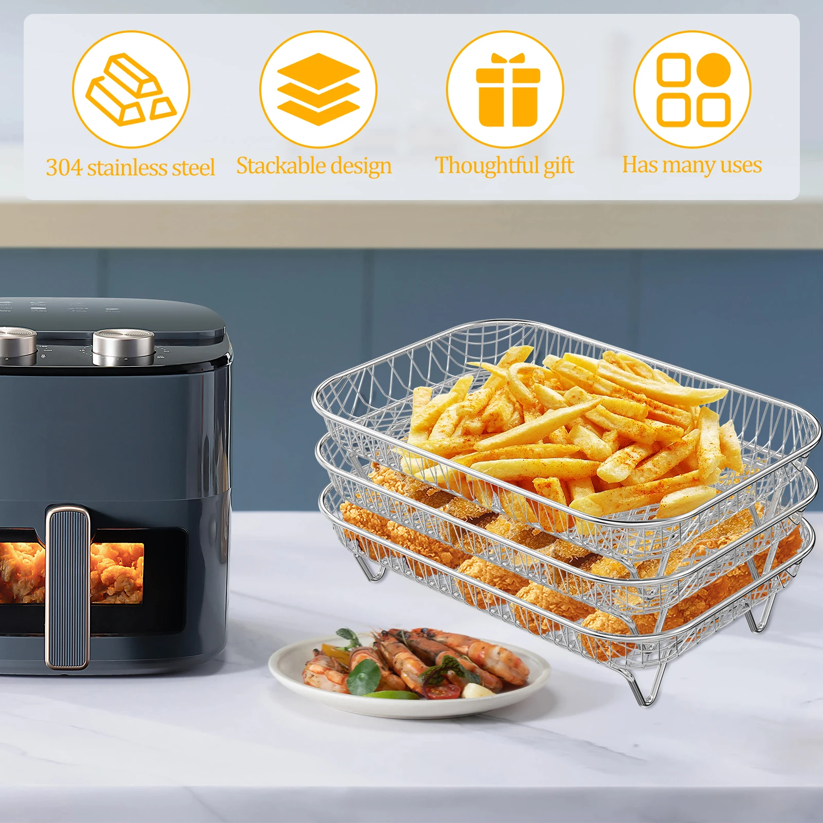 3 Layer Air Fryer Rack Stainless Steel Stackable Grilling Rack Air Fryer Accessories Oven Grill Steamer Cooker Kitchen Tools steamer rack air fryer rack