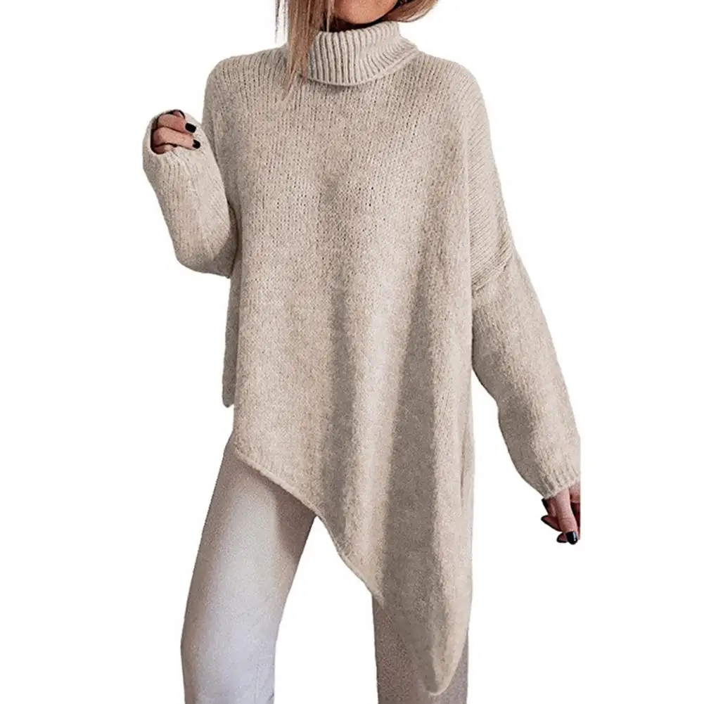 

Pullover Turtleneck Long Sleeve Ribbed Trim Asymmetric Split Hem Pullover Sweater Warm Sweater Jumper 가을 여성 의류
