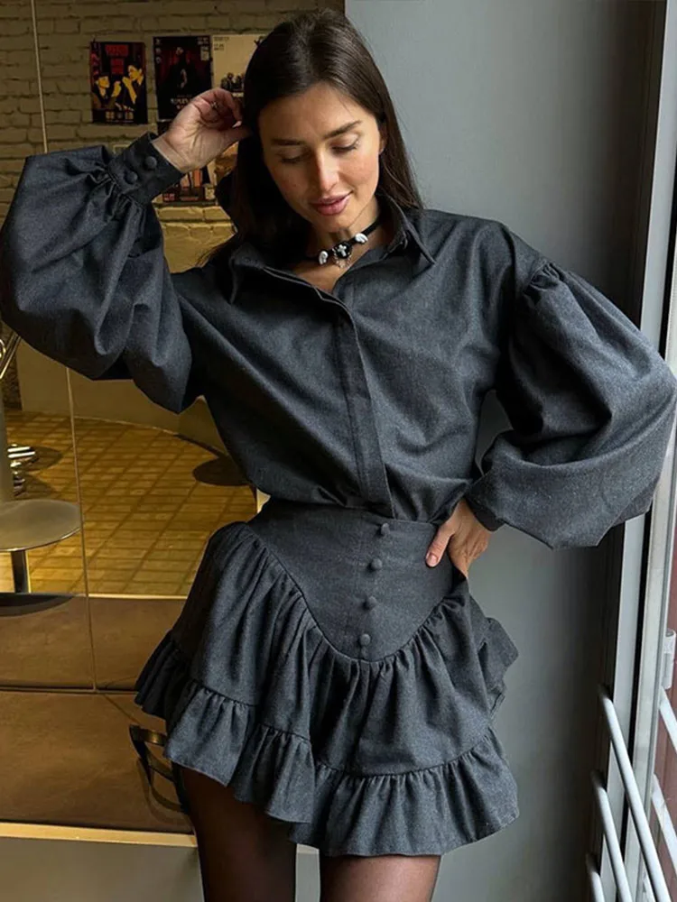 Casual Retro Plaid Women's Dresses Puff Sleeve Turndown Collar Ruffly Short Dresses Women New Fashion Vintage Loose Dress 3