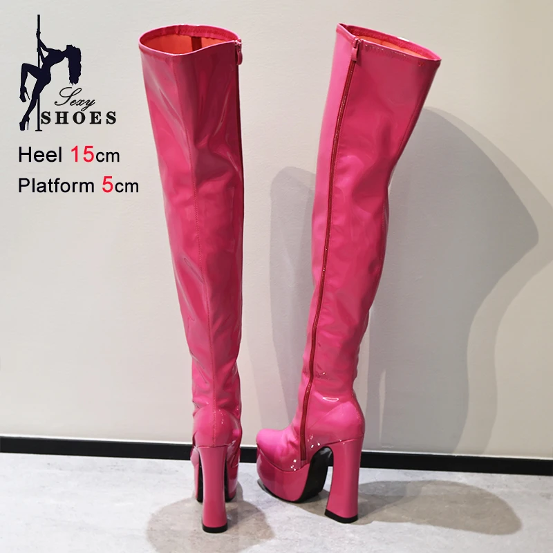 New Exotic Women Over Knee Boots Sexy Fetish 15cm Club Pole Dance Strippers Boots Pink Patent Leathe Platform High Heel Boots
