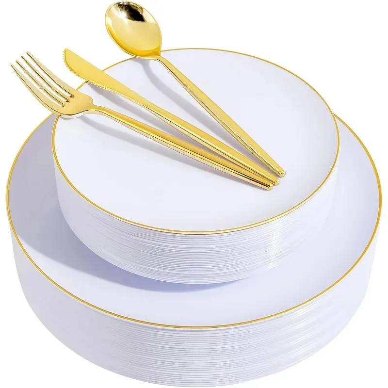 150Pcs Plastic Plates,Disposable Silverware for 30 Guests Include 30 Dinner Plates,30 Dessert Plates,90 Cutlery for Wedding