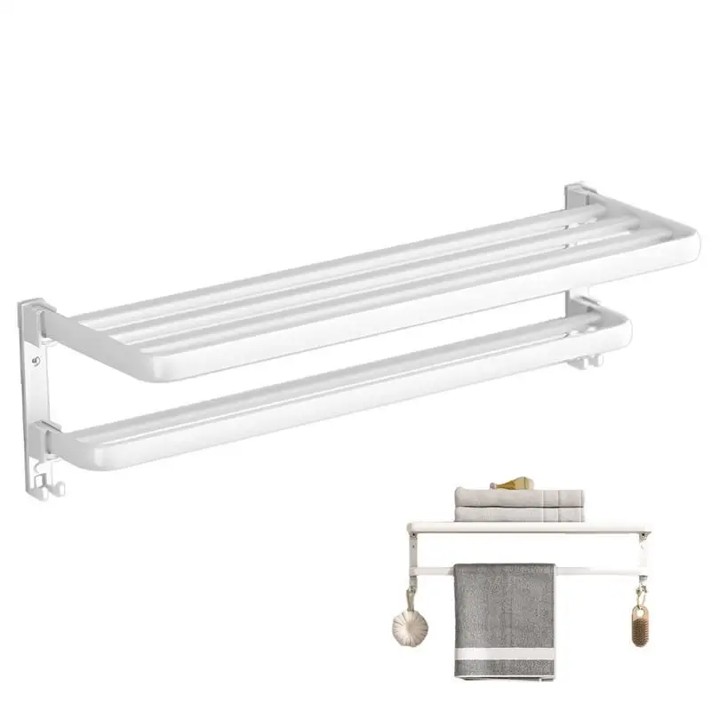 Bathroom Towel Wall Rack Foldable Double Layer Towel Holder Shelf Adhesive Aluminum For Washcloths Bath towel rack