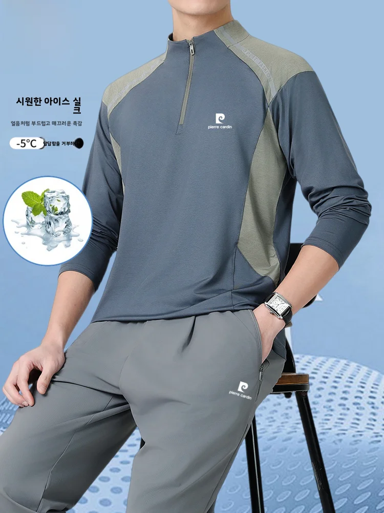 피에르 카르뎅 남성용 아이스 실크 퀵 드라이 스포츠 세트 하프 지퍼 스탠드 칼라 티셔츠 러닝 투피스 세트 여름 캐주얼 스포츠웨어