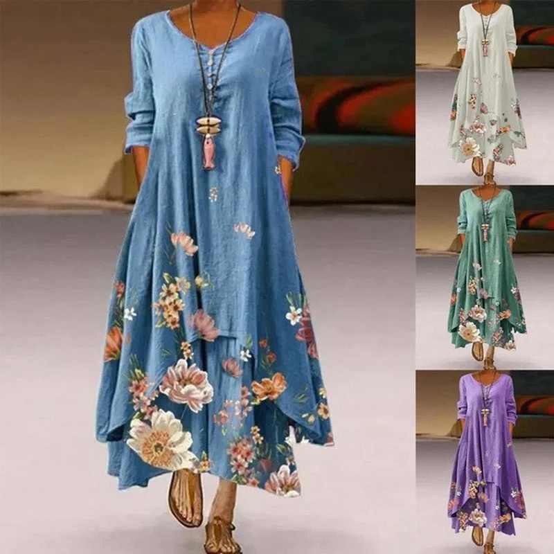 

Loose Big Hem Dress Elegant Maxi Dress Spring Summer 2023 Printed Maxi Dress Casual Long Sleeve Irregular Hem Dress