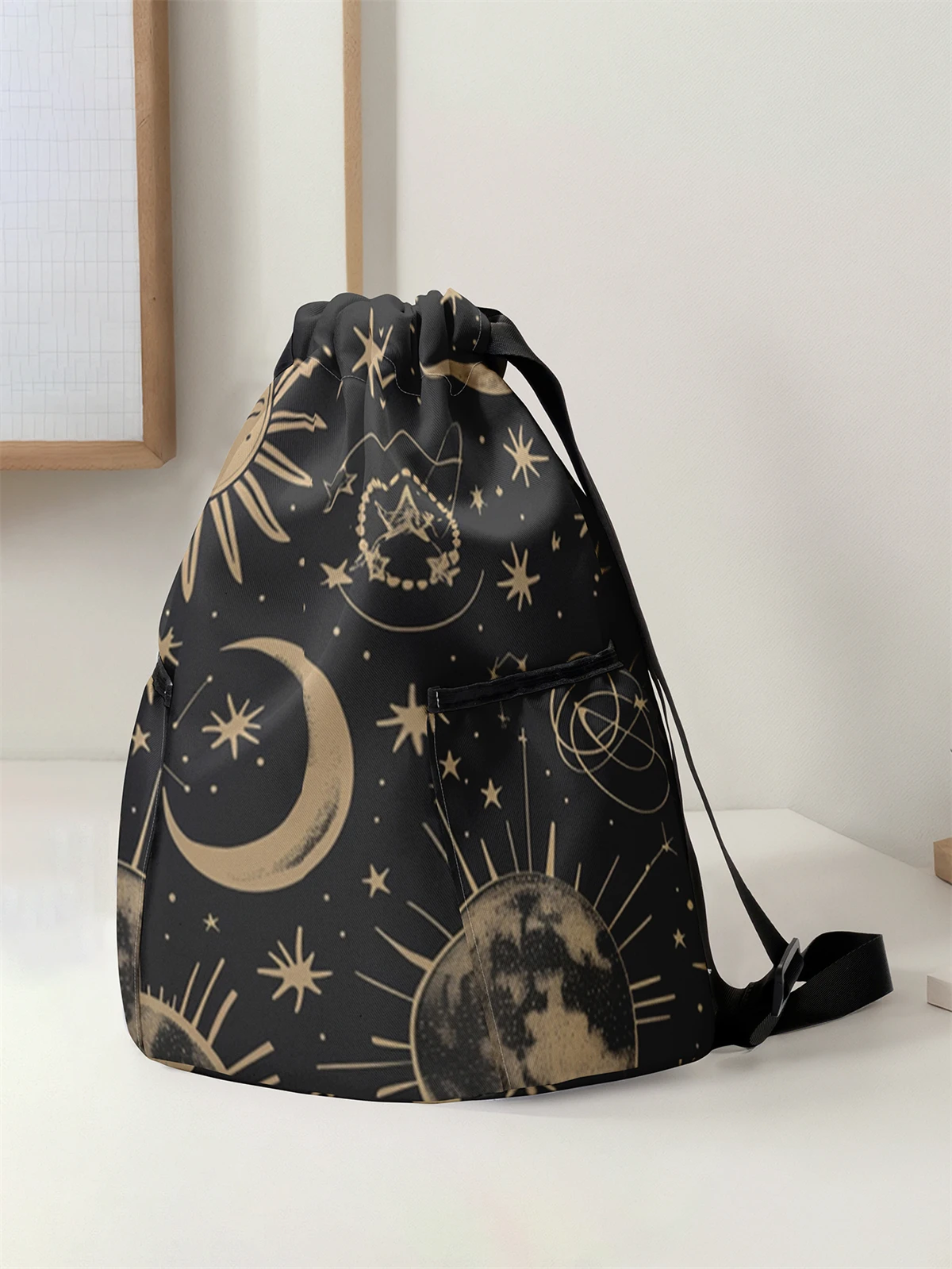 Moon and Star Pattern Drawstring Backpack - Large Capacity Durable Fitness Bag, Adjustable Shoulder Strap, Sports Beach Backpack