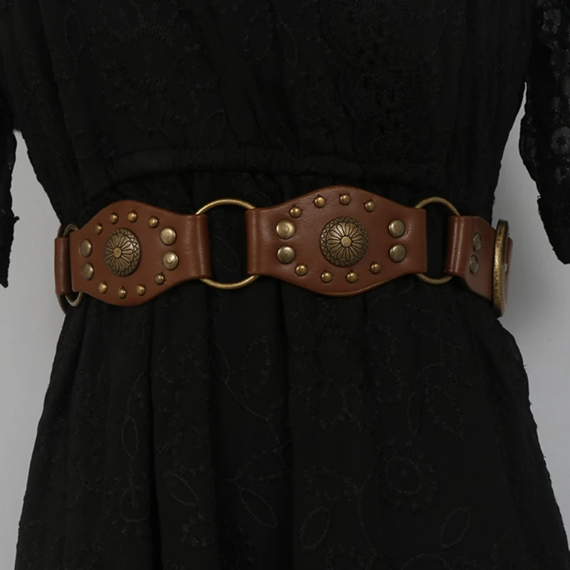 

Vintage Women Waist Belt Ethnic Alloy Waist Belt with Carved Flower Rivet Ladies Decorative Belt for Coat Skirt