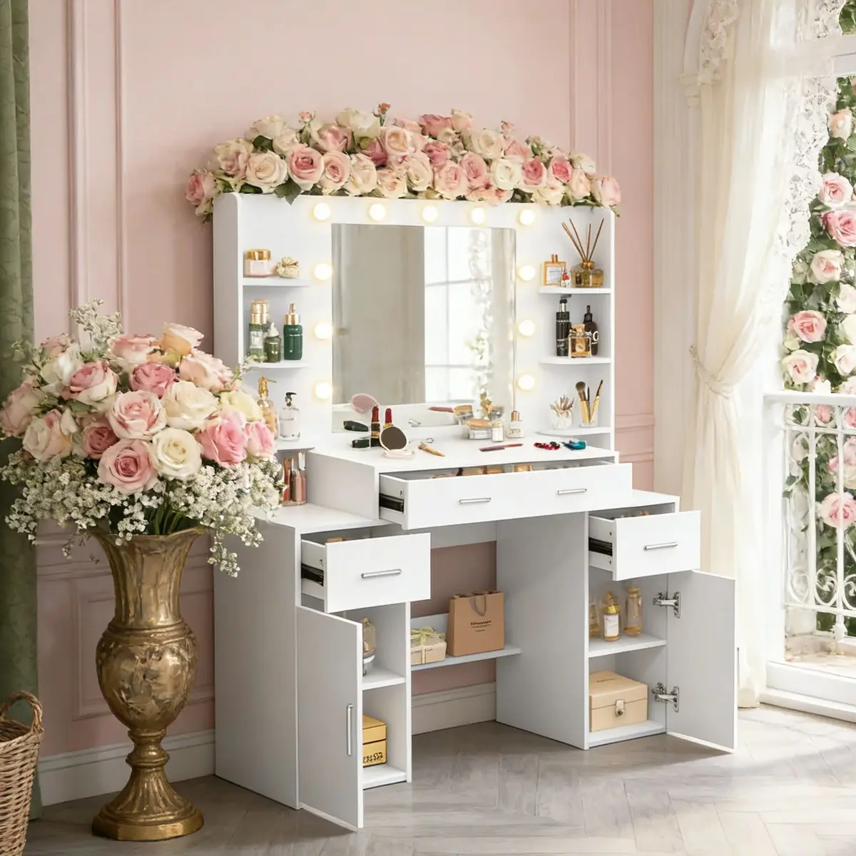 Teousev White Wood Vanity Table Set, 3 Light Modes Adjustable LED Bulbs Mirror, 3 Drawers 2 Cabinets Bedroom Dresser