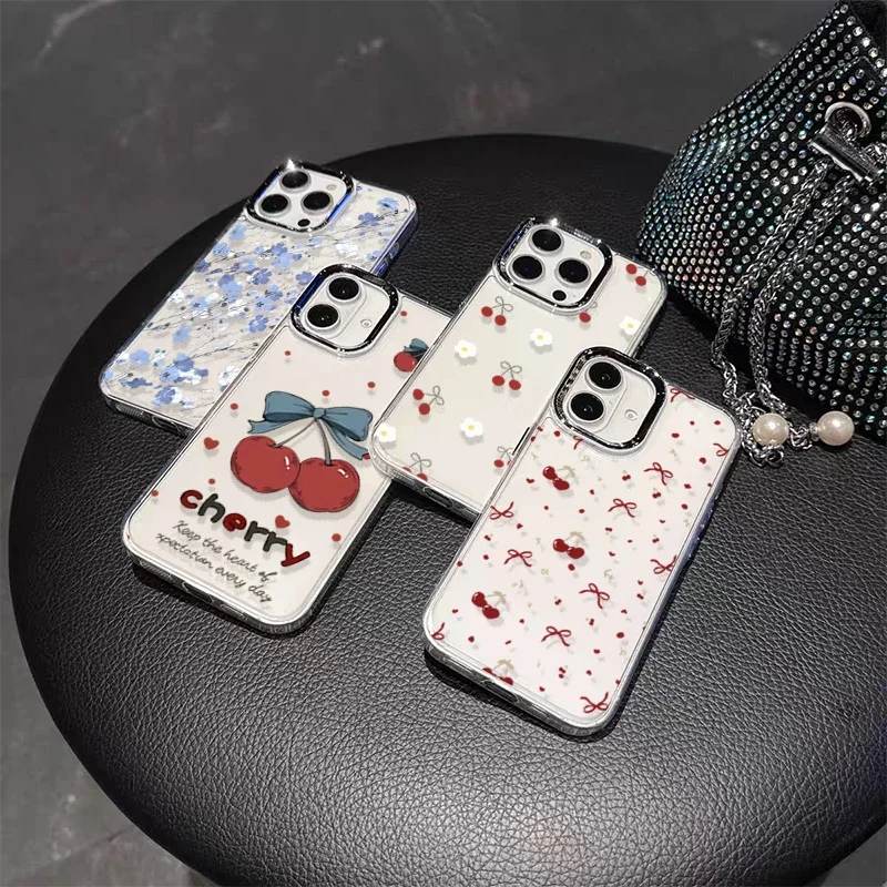 Elegant Cherry Lichee Flower Phone Case with Bow Design - Cute Plating Metal Lens, Clear and Soft