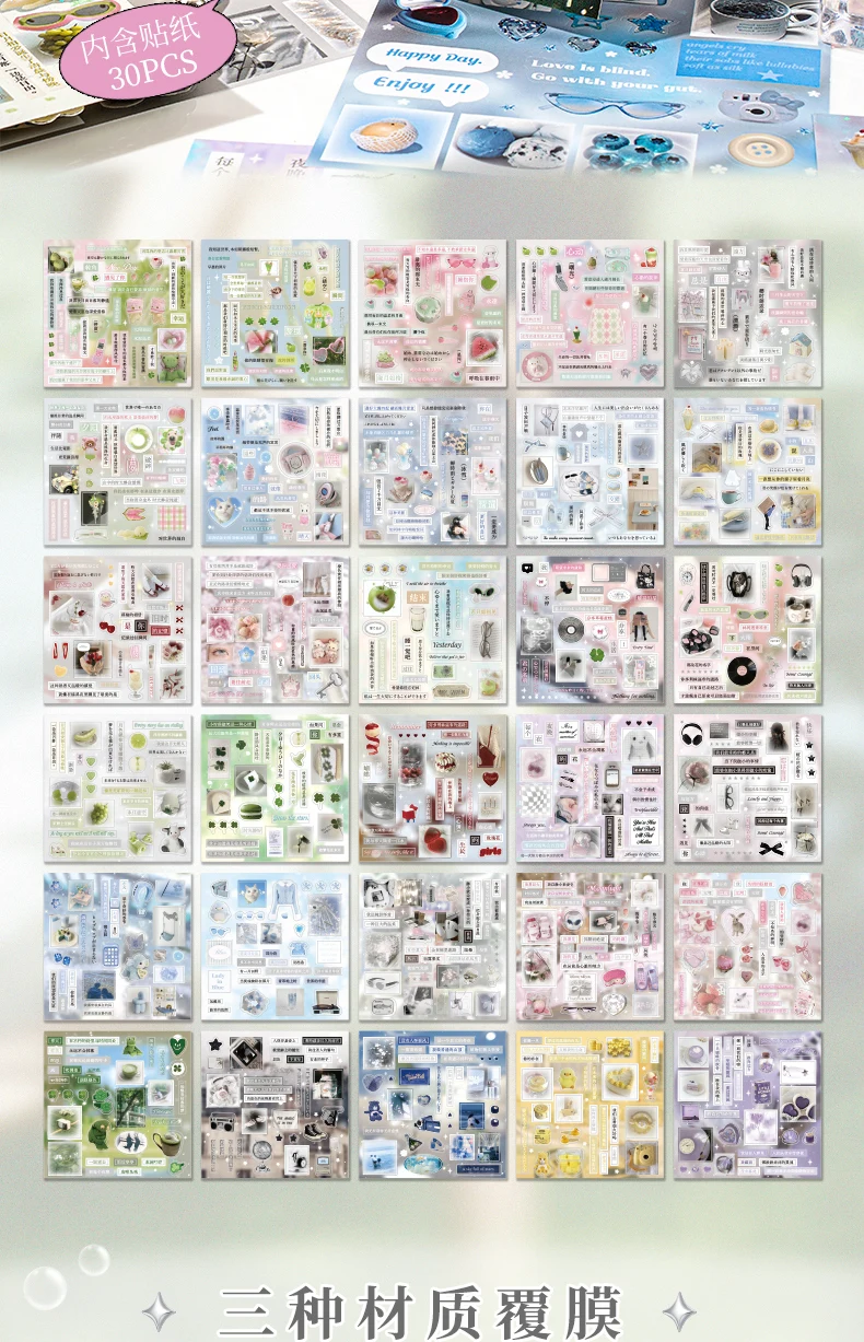 30 Sheets Cute Die-Cut Sticker Book - Hand account Decoration Scrapbooking Decals for Junk Journals & DIY Crafting